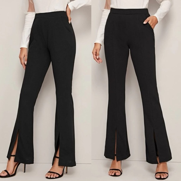 Black business causal slit hem flared bootcut pants - Picture 1 of 6